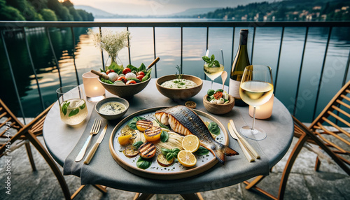 Italian summer lakeside dinner scene, showcasing light and elegant dishes, set beside a tranquil lake for a peaceful summer evening dining experience