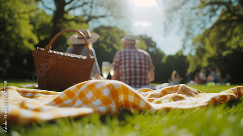 Um casal desfrutando de um piquenique ensolarado no parque com uma manta xadrez e cesta de vime ao fundo photo