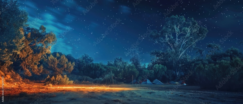 Starry Night Camping, A serene camping site under a starry night sky, conveying a connection with nature.