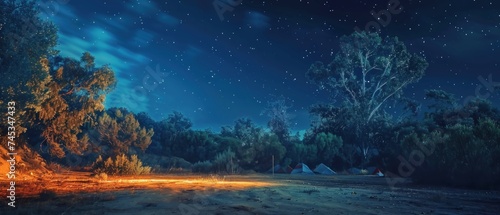 Starry Night Camping, A serene camping site under a starry night sky, conveying a connection with nature.