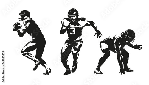 Football players silhouettes, group of american football players, set of vector drawings of team sport athletes
