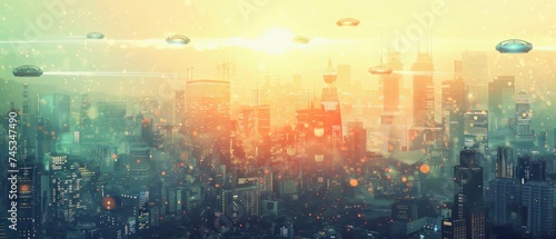 Futuristic Cityscape with Flying Cars, Technological Advancement and Urban Evolution, Illustration of a futuristic cityscape with flying cars, hinting at technological advancement and urban evolution.