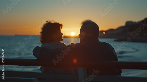 Um close-up com uma lente de 50mm capturando um casal de meia-idade em um banco perto da praia durante o pôr do sol. photo