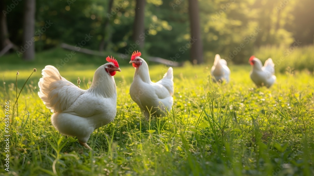White rooster and chicken family outside in the countryside. White rooster and chicken family outside in the countryside.