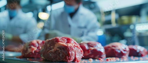 Lab-Grown Meat, Sustainable Food Production, A close-up of lab-grown meat in a petri dish, Innovative solution for sustainable food production.
