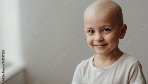 Smiling white child without hair who beat cancer. As a symbol of positive thinking in the fight against cancer.