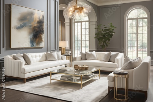 Luxury living room interior design with white sofa 3D rendering