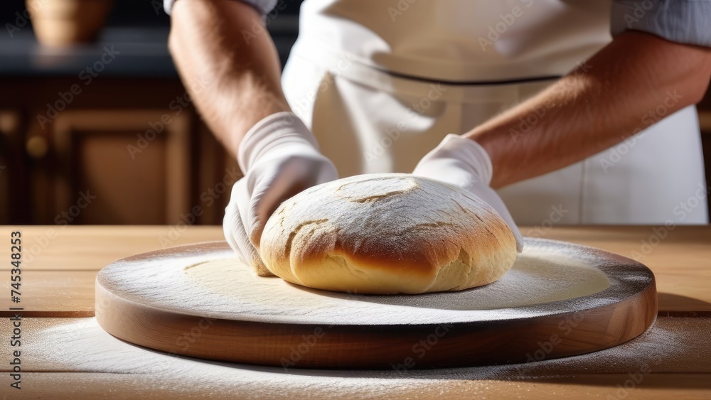 freshly baked white bread, baker's hands, close-up