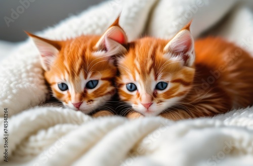 little red kittens lie covered with a white fluffy blanket