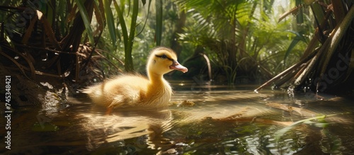 An immature Muscovoy duckling is swimming in a pond, surrounded by lush green vegetation. The duckling is navigating through the water, flanked by tall grass and plants in Naples, Florida.