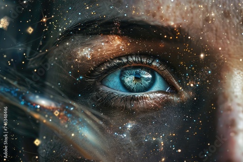 A close-up of a person's eyes merged with the texture of swirling galaxy stars in a double exposure
