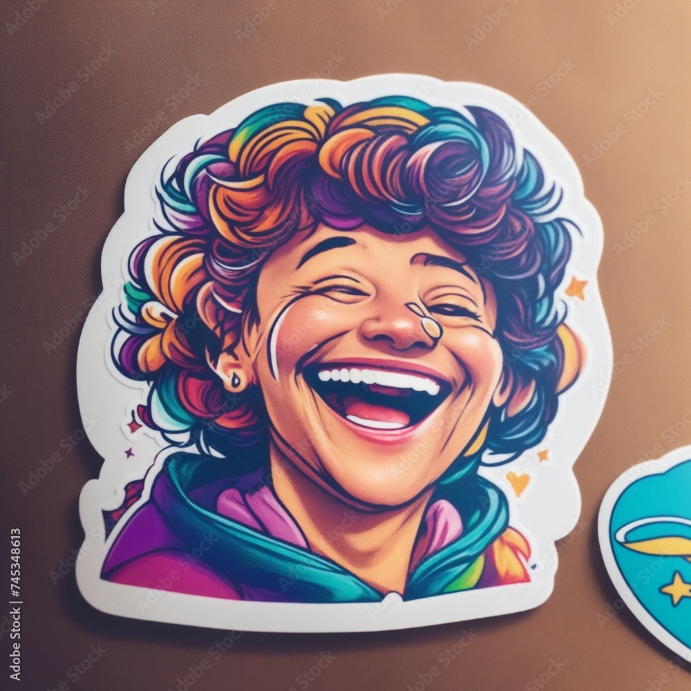 Happy smiling person with painted faces and white boarder around. Sticker featuring an up-close portrayal of a person with disabilities, their joyful face conveying strength and positivity.