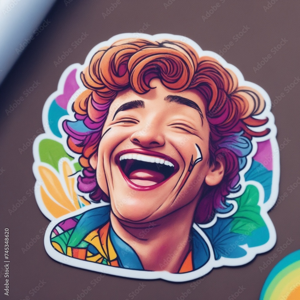 Happy smiling person with painted faces and white boarder around. Sticker featuring an up-close portrayal of a person with disabilities, their joyful face conveying strength and positivity.