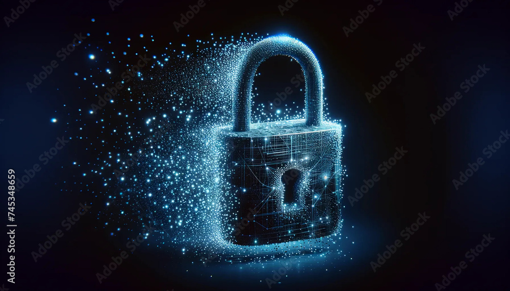 A padlock composed entirely of digital points of light, gradually disintegrating into individual particles wallpaper background A padlock composed entirely of digital points of light, gradually disintegrating into individual particles wallpaper background