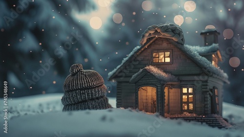 house in winter heating system concept with model wearing knitted cap in cold snowy weather