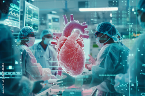 Futuristic Cardiac Surgery Team in High-Tech Operating Room, Medical staff with 3D heart hologram during advanced surgery photo