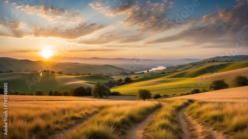 Golden Hour Sunset Over a Serene Countryside Landscape with Rolling Hills, a Tranquil Lake, and a Vibrant Sky.