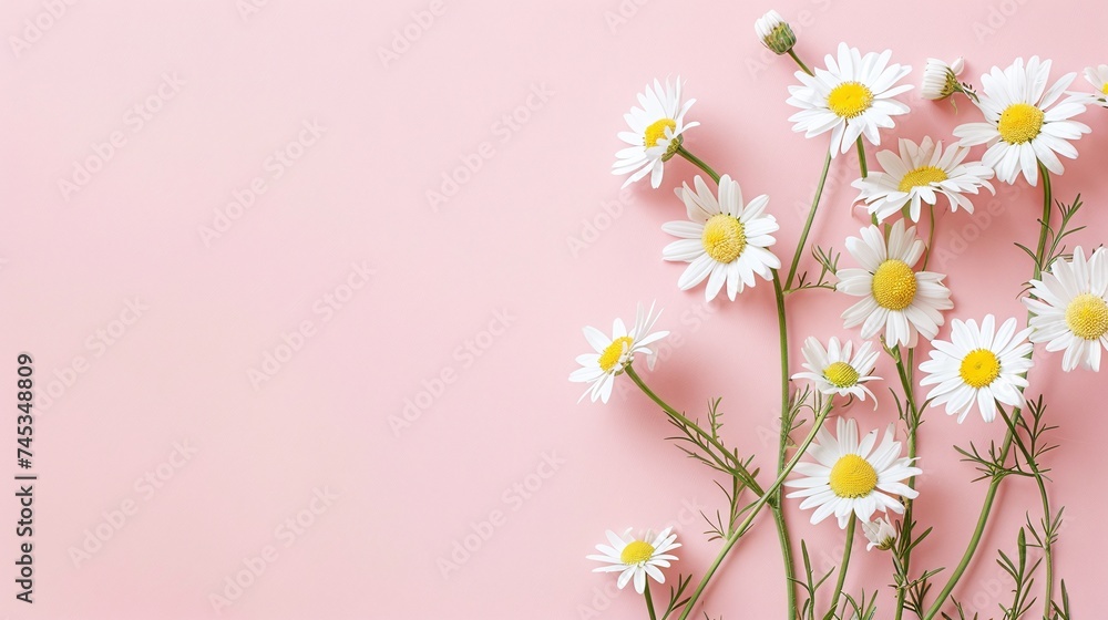 Naklejka premium white daisy chamomile flowers on pale pink background, creative lifestyle, summer, spring concept with copy space, flat lay, top view