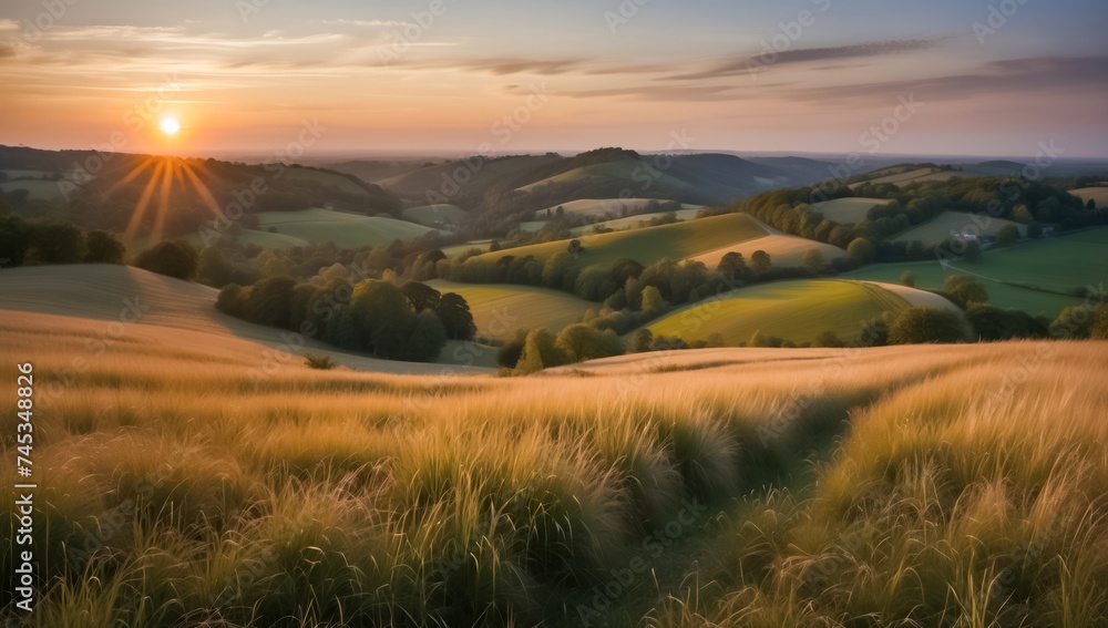 Golden Hour Sunset Over a Serene Countryside Landscape with Rolling Hills, a Tranquil Lake, and a Vibrant Sky. Golden Hour Sunset Over a Serene Countryside Landscape with Rolling Hills, a Tranquil Lake, and a Vibrant Sky.