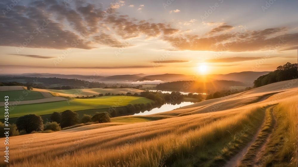 Golden Hour Sunset Over a Serene Countryside Landscape with Rolling Hills, a Tranquil Lake, and a Vibrant Sky.