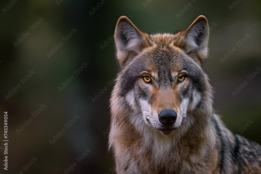 A vivid portrait of a wolf with intense eyes, showcasing its majestic presence against a blurred green background. A vivid portrait of a wolf with intense eyes, showcasing its majestic presence against a blurred green background.