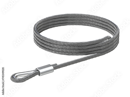 Cable with a metal hook on it and a white background. 3D rendering