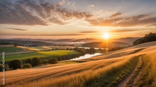Golden Hour Sunset Over a Serene Countryside Landscape with Rolling Hills  a Tranquil Lake  and a Vibrant Sky.