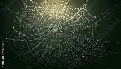 A dew-laden spider's web is gracefully suspended against a soft green background.Natural background concept.AI generated.