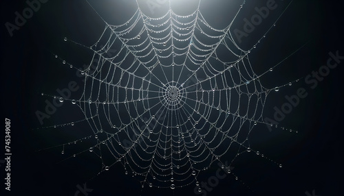 An intricate spider web covered with dew drops against a dark background.Natural background concept.AI generated.