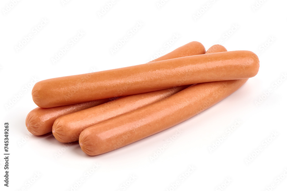 Boiled sausages with basil, isolated on white background. Boiled sausages with basil, isolated on white background.