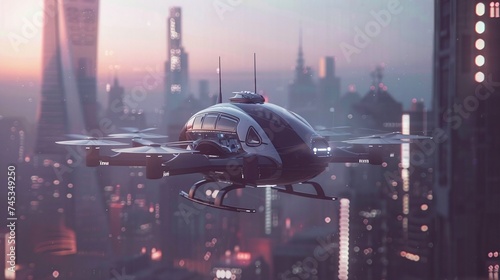 public aerial transportation infrastructure, advancing urban air mobility with city air taxi and passenger autonomous aerial vehicle AAV in futuristic city setting