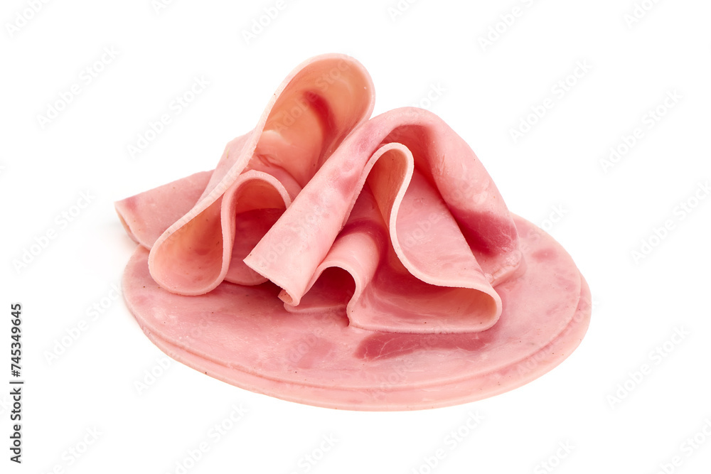 Boiled Ham Slices, close-up, isolated on a white background. Boiled Ham Slices, close-up, isolated on a white background.