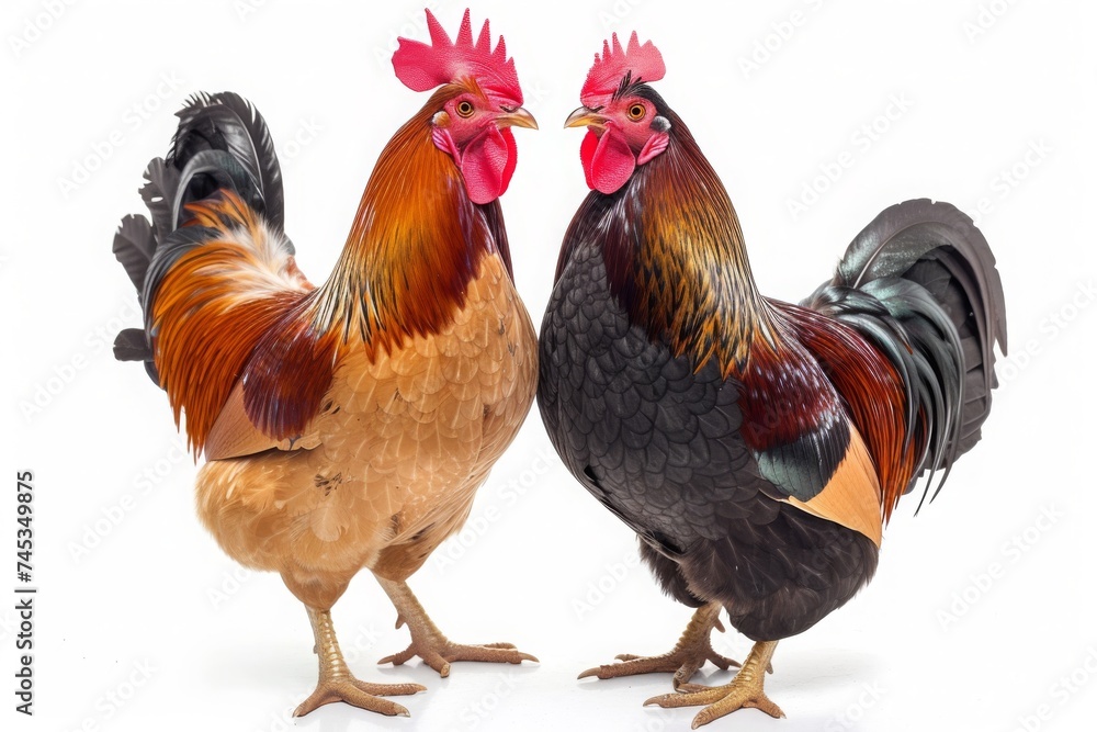 Fototapeta premium Colorful rooster and hen shown isolated