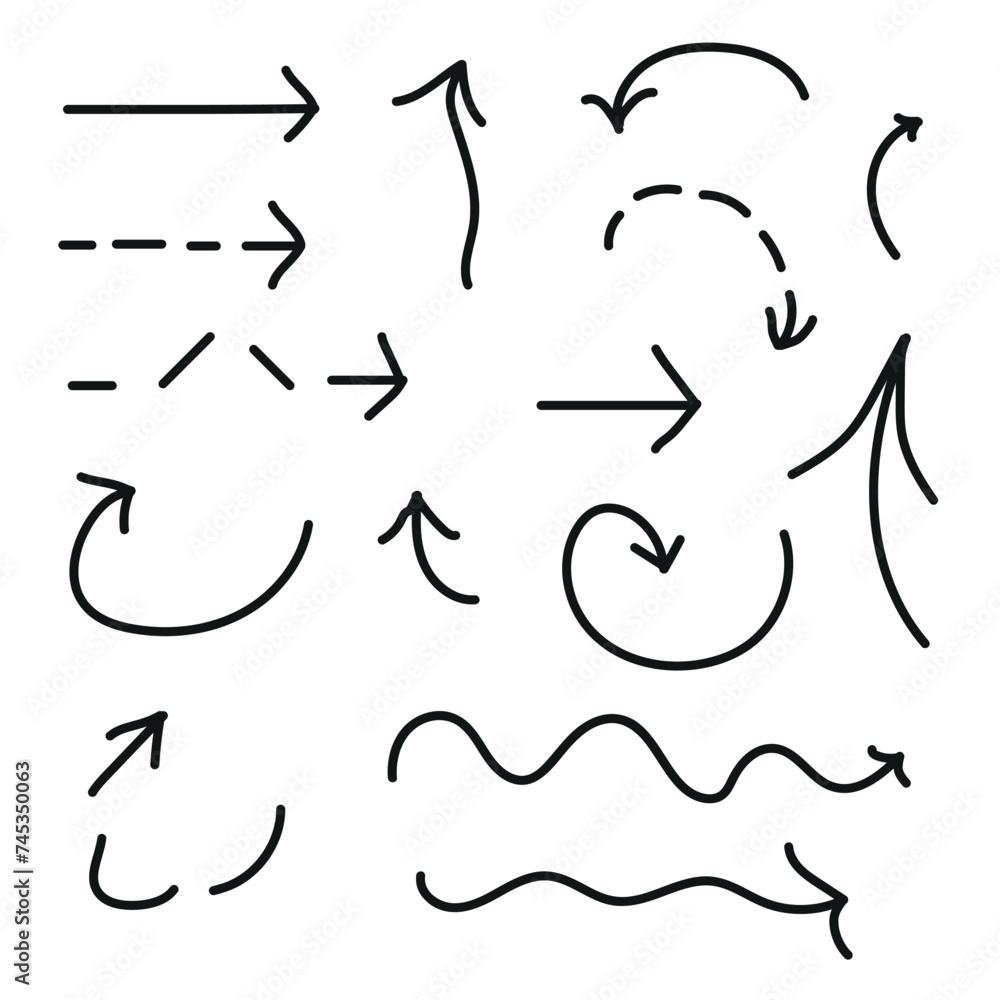 Large set of vector arrow icons. Hand drawn drawings of various curved lines, arrow curls. Direction signs on a white background. Large set of vector arrow icons. Hand drawn drawings of various curved lines, arrow curls. Direction signs on a white background.