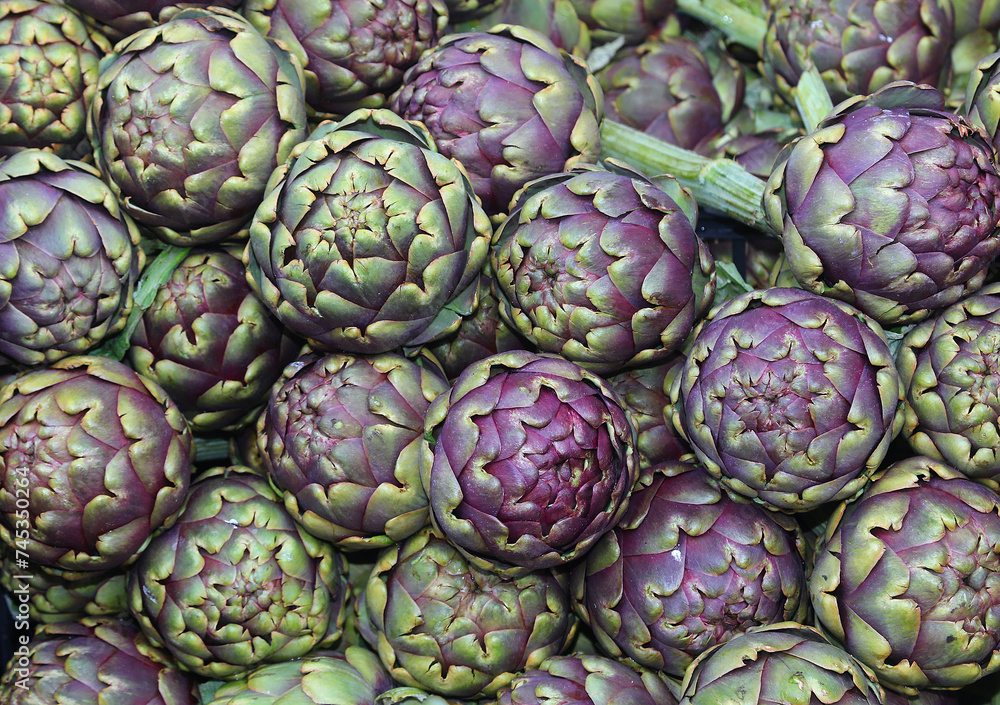 Fototapeta premium Background of large ripe green artichokes for sale at the local fruit and vegetable market