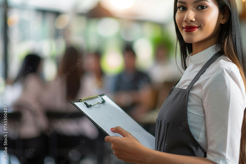 Beautiful woman waitress in apron and holding clipboard in cafe