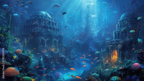 An underwater city with bioluminescent coral  schools of colorful fish  and ancient ruins  all illuminated by the eerie glow of an underwater volcano. Resplendent.