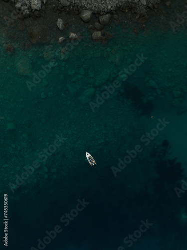 Aerial top nature view drone above yacht ship turquoise Adriatic sea Albania. panoramic view marine