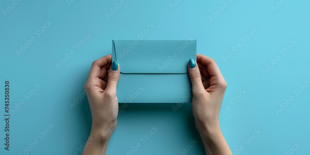 A woman's hand holds an empty envelope, symbolizing communication and invitation on a blue background. A woman's hand holds an empty envelope, symbolizing communication and invitation on a blue background.