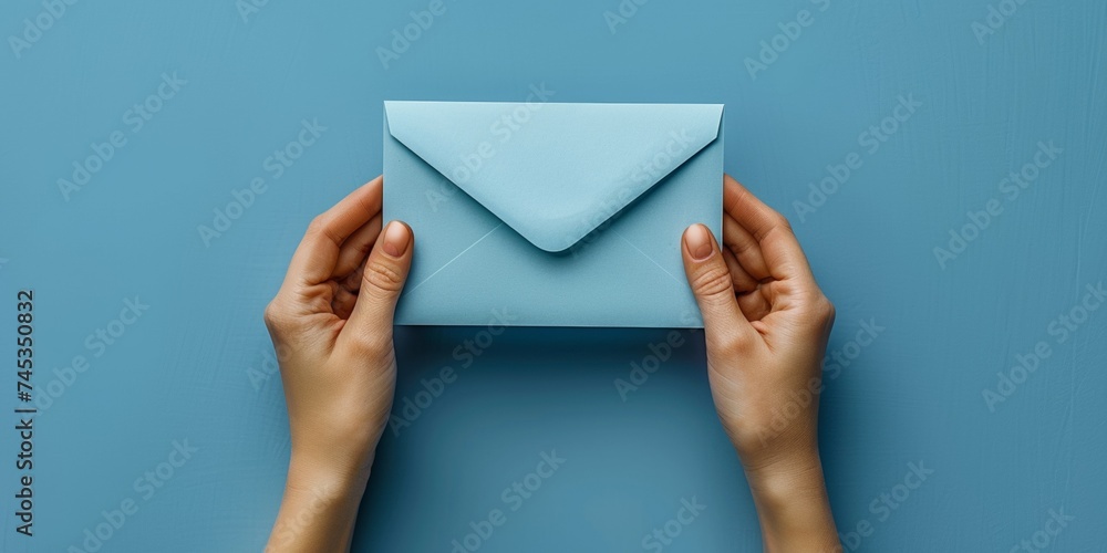 Hands holding an empty blue envelope symbolizing communication and invitation on a bright romantic blue background. Hands holding an empty blue envelope symbolizing communication and invitation on a bright romantic blue background.