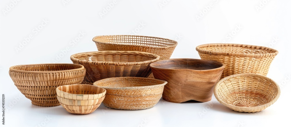 A collection of empty wicker bowls and baskets are arranged neatly next to each other on a white background, showcasing traditional handmade items. A collection of empty wicker bowls and baskets are arranged neatly next to each other on a white background, showcasing traditional handmade items.