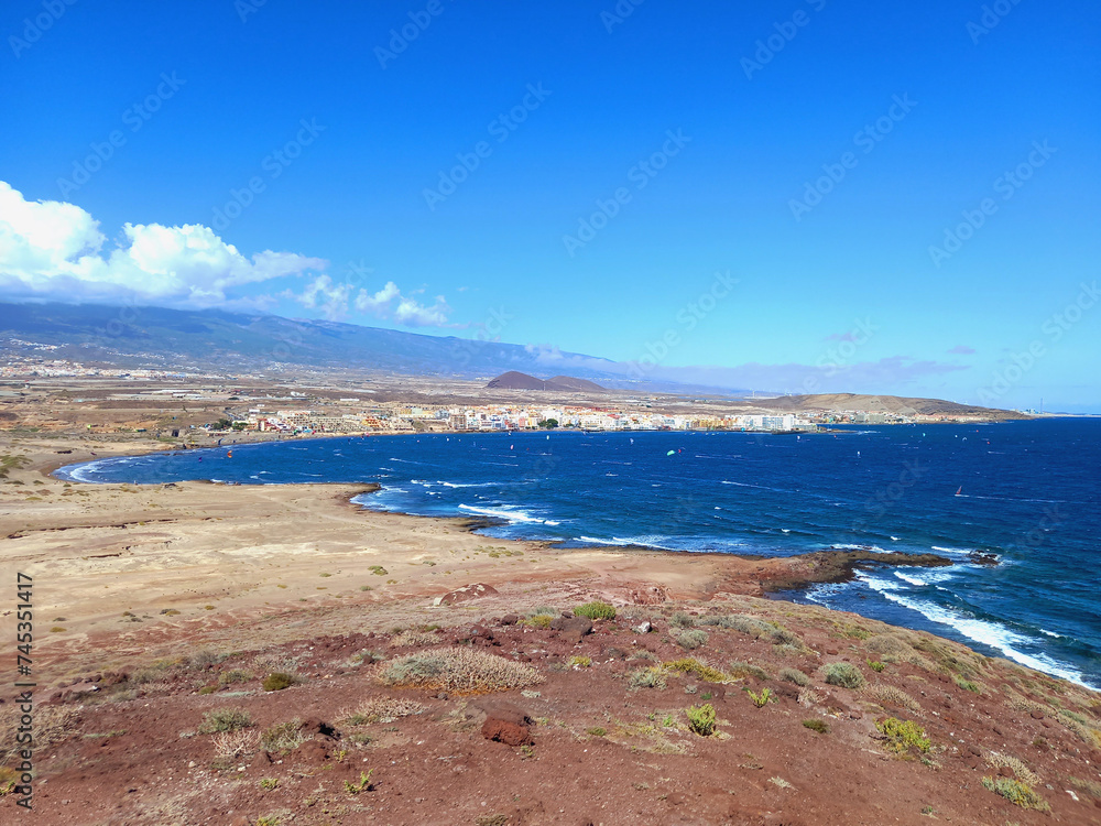 Panoramic view of desert coastal landscape with sea and blue sky. Deserts and extreme nature.