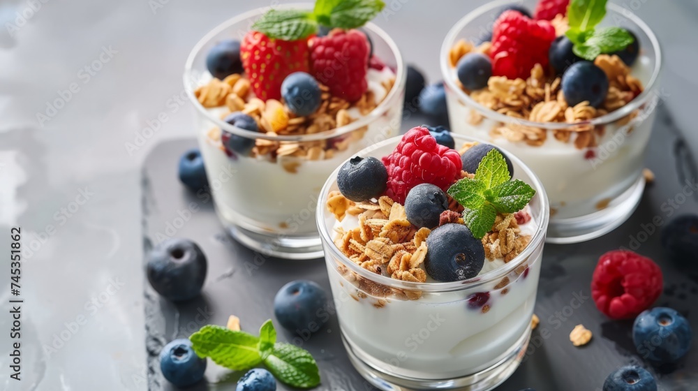 Healthy breakfast. Yogurt with granola and fresh berries. Diet, low calorie, weight loss food. Active, fit, healthy lifestyle. Healthy breakfast. Yogurt with granola and fresh berries. Diet, low calorie, weight loss food. Active, fit, healthy lifestyle.