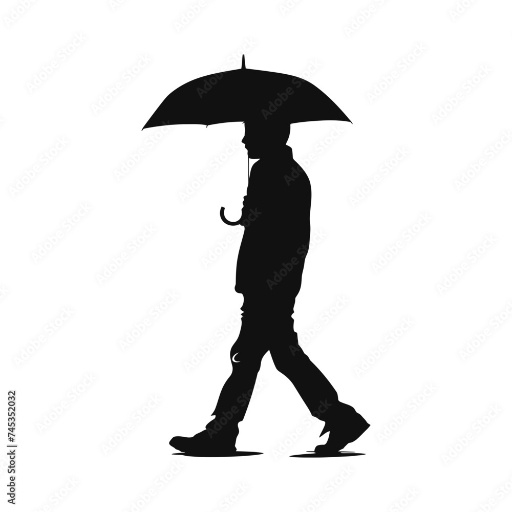 Silhouette boy or man with umbrella during drizzle black color only Silhouette boy or man with umbrella during drizzle black color only