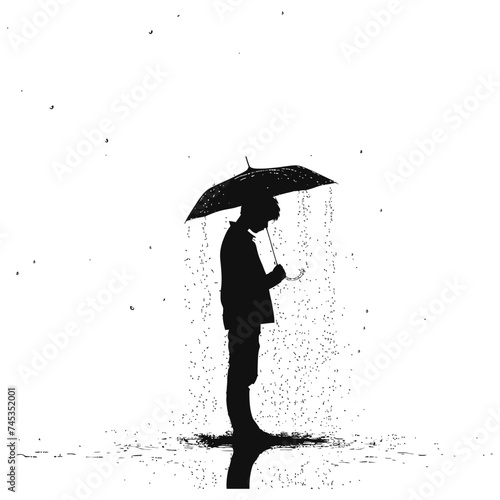 Silhouette boy with umbrella during drizzle black color only