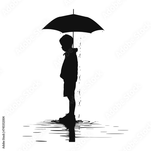 Silhouette boy with umbrella during drizzle black color only
