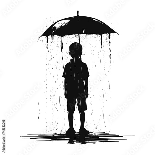 Silhouette boy with umbrella during drizzle black color only