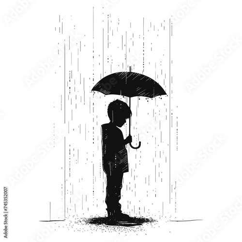 Silhouette boy with umbrella during drizzle black color only
