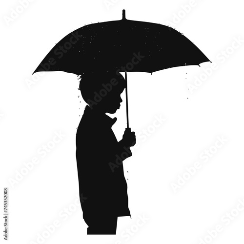 Silhouette boy with umbrella during drizzle black color only