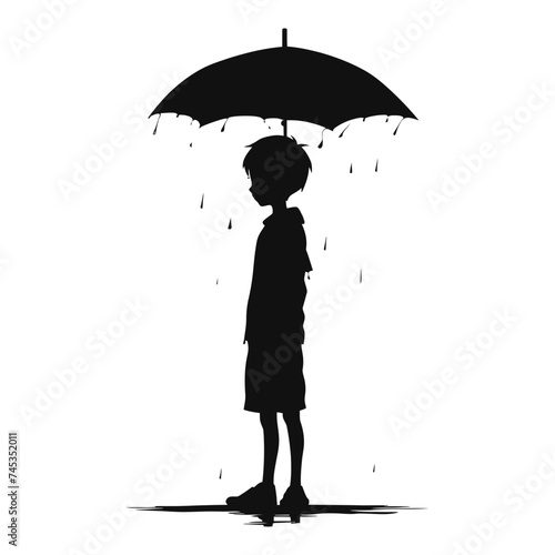 Silhouette boy with umbrella during drizzle black color only